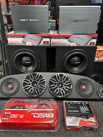 PAQUETE COMPLETO DE AUDIO DOBLE SUBWOOFER 10", MEDIOS RANGOS Y AMPLIFICADORES / ROCK SERIES / DS18 / 120326 / HAR