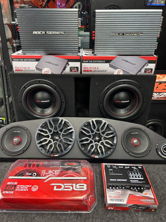 PAQUETE COMPLETO DE AUDIO DOBLE SUBWOOFER 10", MEDIOS RANGOS Y AMPLIFICADORES / ROCK SERIES / DS18 / 120326 / HAR