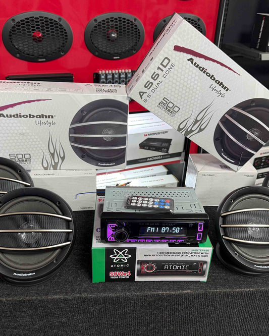 PAQUETE ESTÉREO+BOCINAS/ATOMIC - AUDIOBAHN/200126/DC